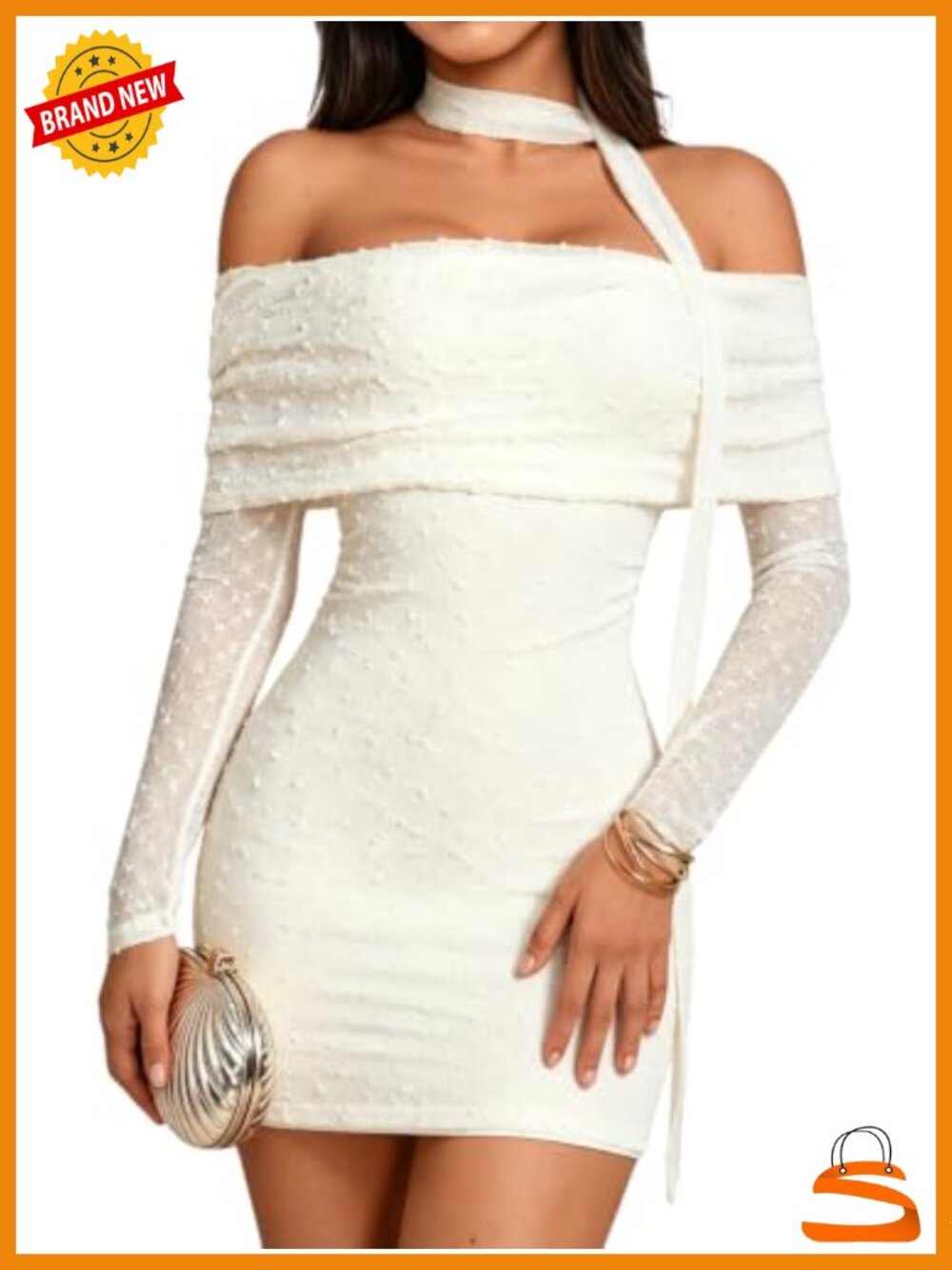 Off Shoulder Bodycon Mini Dress with Scarf Ruched Long Sleeve Party